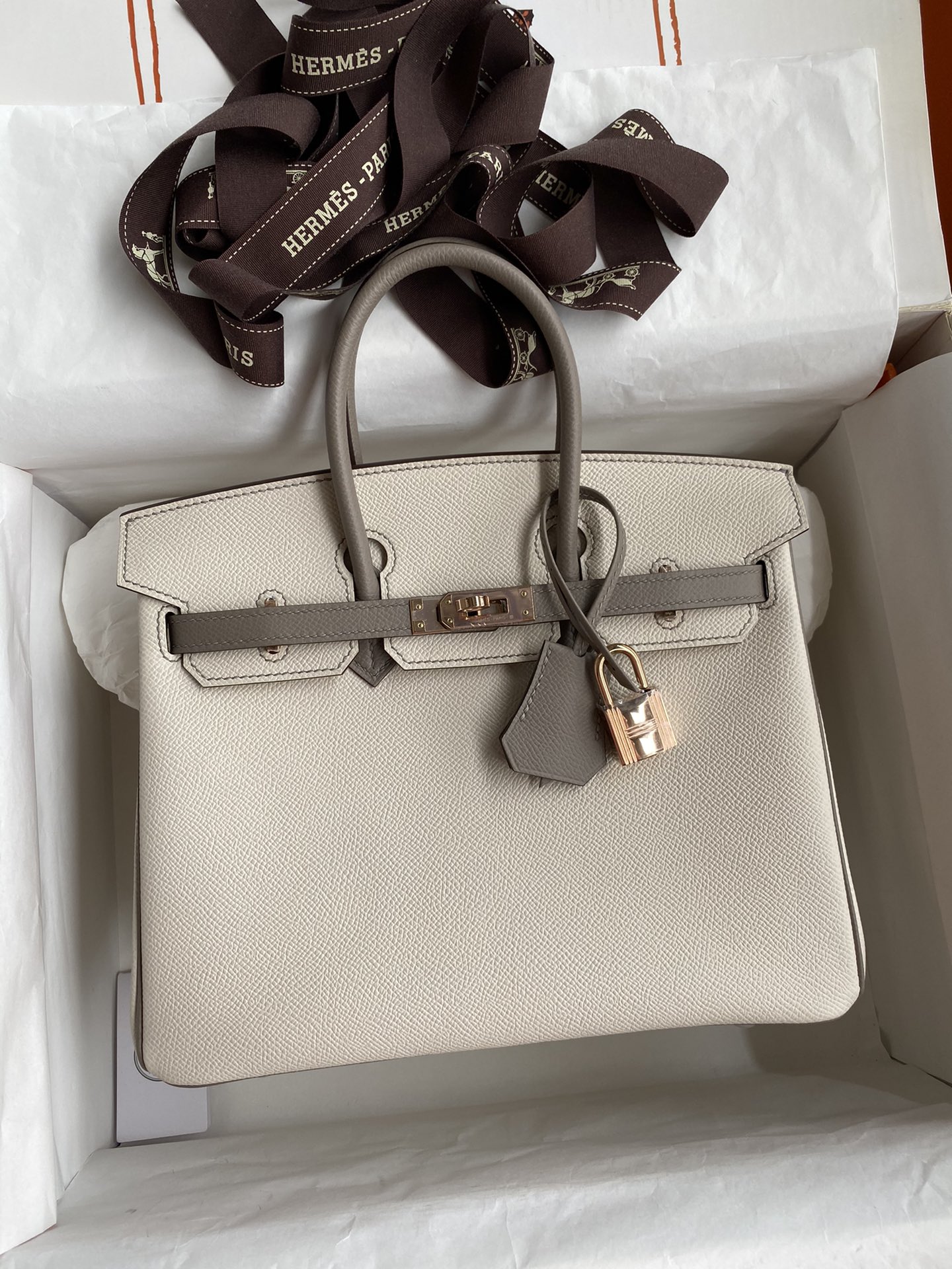 Hermes Birkin 25CM Epsom Leather Handbag Light Grey